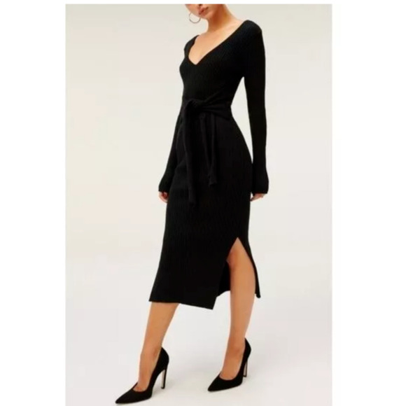 Good American 3 Large Dress Black Ribbed Sweater Midi Tie Waist V Neck Stretch - Picture 2 of 10
